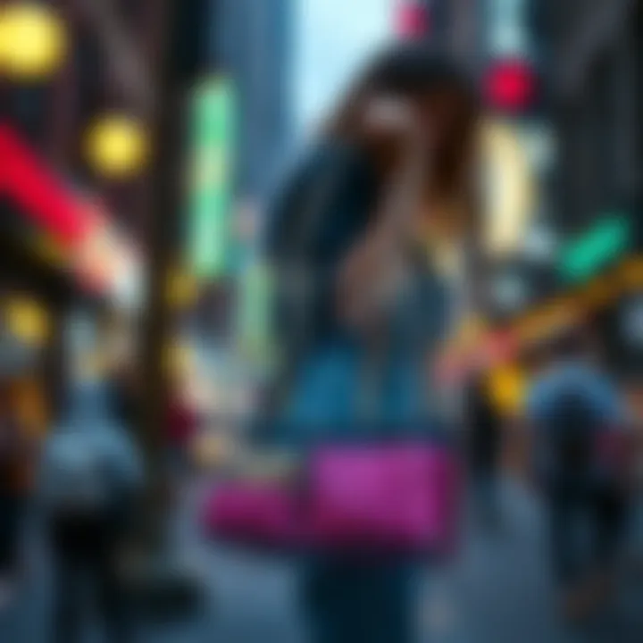 A clear glitter tote bag used in an urban setting, highlighting its practical use