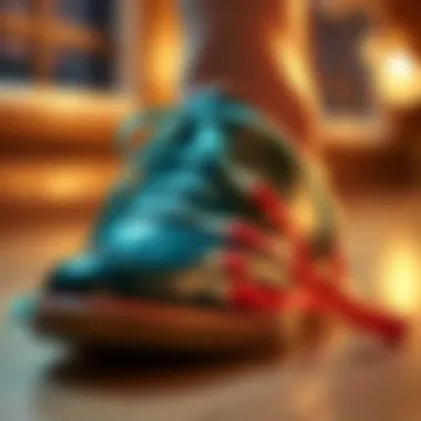 A creative arrangement of various tying techniques for ribbon shoe strings illustrated on a shoe.