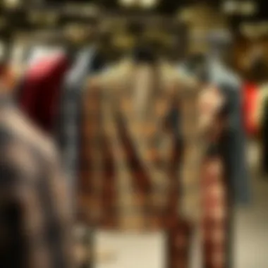 Various styling options for a plaid blazer set displayed on a rack