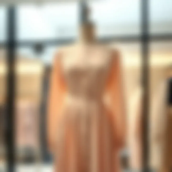 A beautiful long sleeve vintage dress displayed on a mannequin in a soft pastel color.