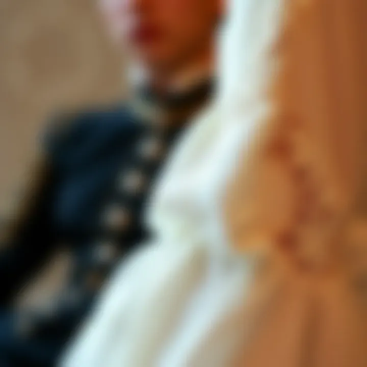 Close-up of intricate lace detailing on a long sleeve vintage dress, showcasing craftsmanship.