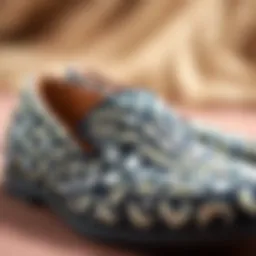A close-up view of intricately designed sequinned slippers showcasing craftsmanship