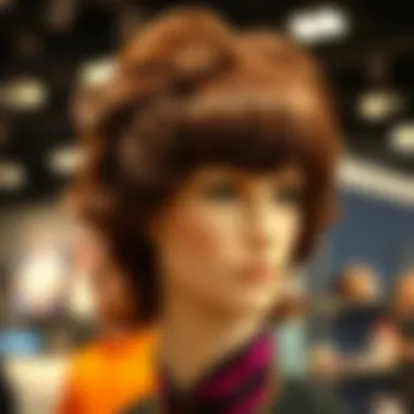 A stylish 70s wig displayed on a mannequin showcasing the iconic disco era.