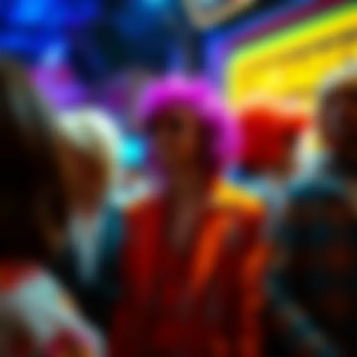 A retro fashion scene depicting individuals wearing 70s wigs at a vibrant social gathering.