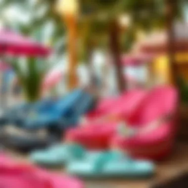 A stylish outdoor setting featuring a display of thick flip flops in various colors.