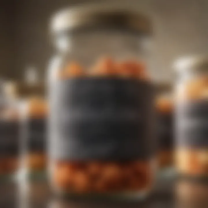 Close-up of decorative labels on jars