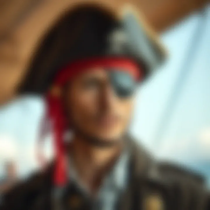 Modern Pirate Fashion Interpretation A modern fashion interpretation of a pirate-themed outfit featuring a stylish hat and eye patch.