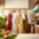 A vibrant kitchen showcasing stylish aprons and chef coats hanging elegantly