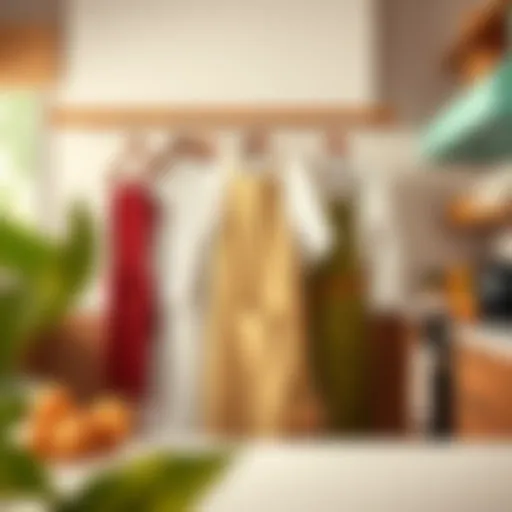 A vibrant kitchen showcasing stylish aprons and chef coats hanging elegantly