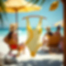 Vibrant lemon-themed swimsuit design displayed on a beach