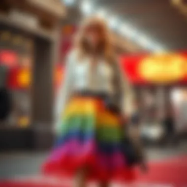 Fashion Ensemble Highlighting the Rainbow Skirt A fashion-forward ensemble featuring a rainbow skirt paired with complementary accessories.