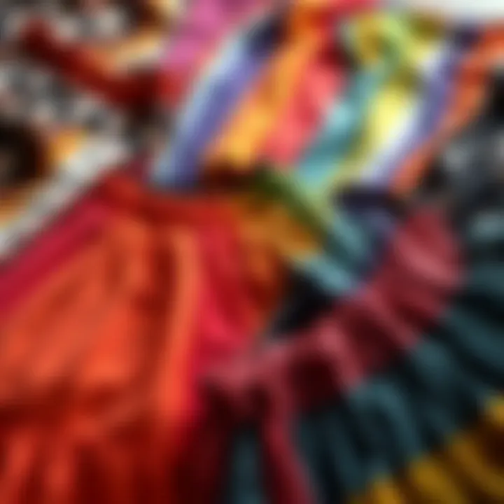 Diverse Patterns and Textures of Rainbow Skirts A flat lay of various rainbow skirts showcasing different patterns and materials.