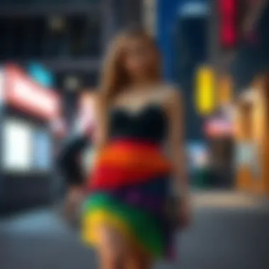 Contemporary Urban Styling with a Rainbow Skirt A stylish individual wearing a rainbow skirt in an urban setting.