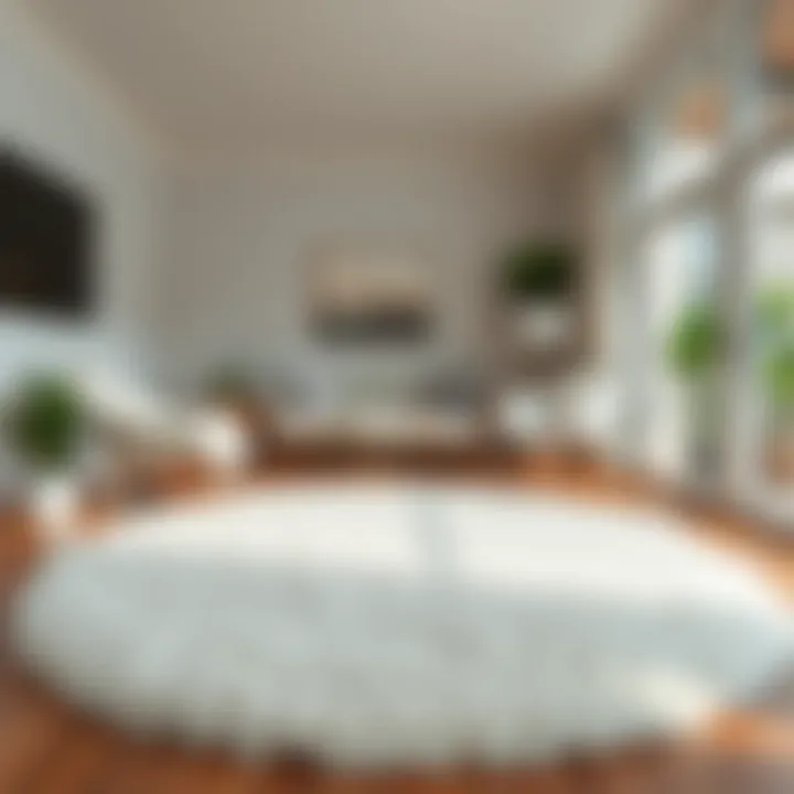Round white fluffy rug complementing contemporary interior design