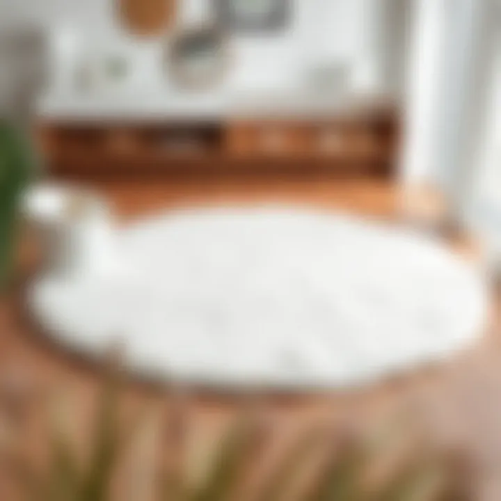 Elegant round white fluffy rug in a modern living room setting