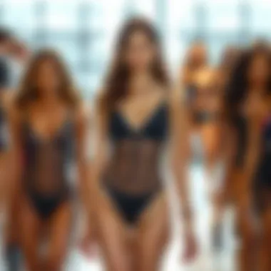 Runway Showcase of Sheer Bodysuits Runway fashion showcasing sheer bodysuit tops in a modern setting