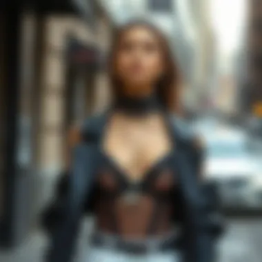 Layered Accessories with Sheer Bodysuit Fashion model styling a sheer bodysuit top with layered accessories