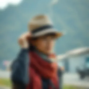 Traveler using a hat clip in outdoor setting