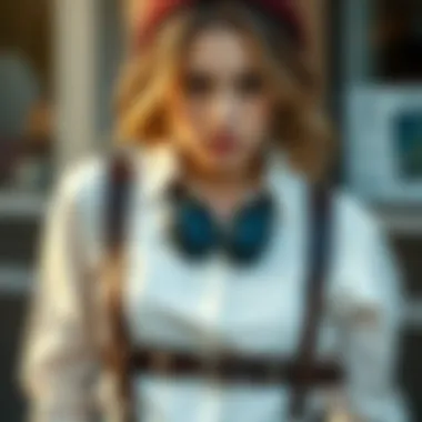 A contemporary outfit styled with leather suspenders