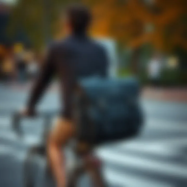 Person riding a bike while carrying a sport messenger bag