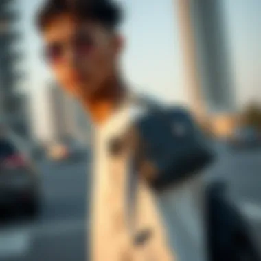 A fashionable individual showcasing an underarm bag with an urban outfit.