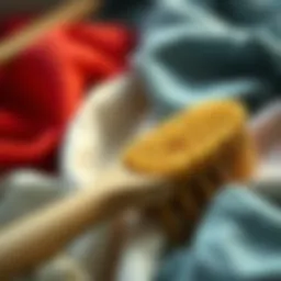 A long handle stiff bristle brush on various fabrics