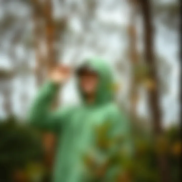 Casual outdoor setting featuring a green hoodie