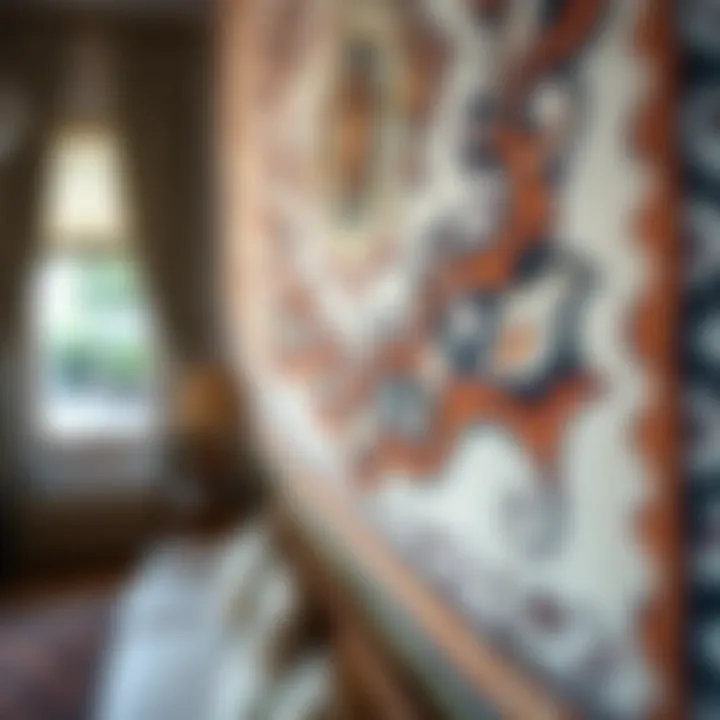 Close-Up of Artistic Tapestry Design A close-up of a tapestry displaying detailed craftsmanship and artistic design.