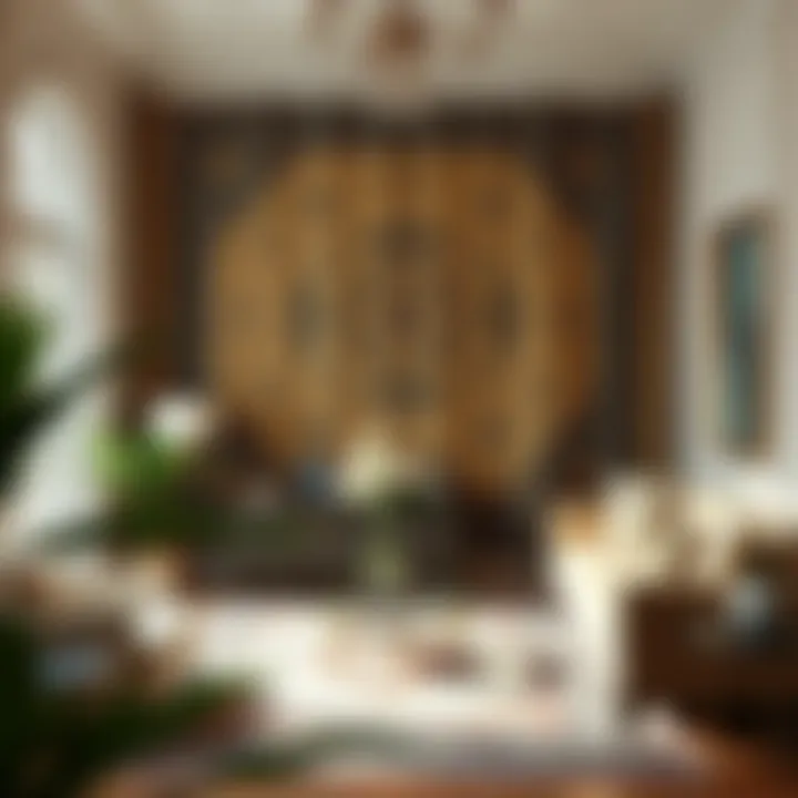 Elegant Living Space with Tapestry An elegant living space adorned with a large tapestry that serves as a focal point.