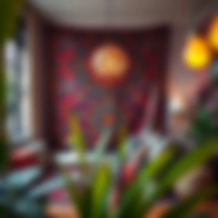 Vibrant Tapestry in Room Decor A vibrant tapestry showcasing intricate patterns and colors that bring life to a room.