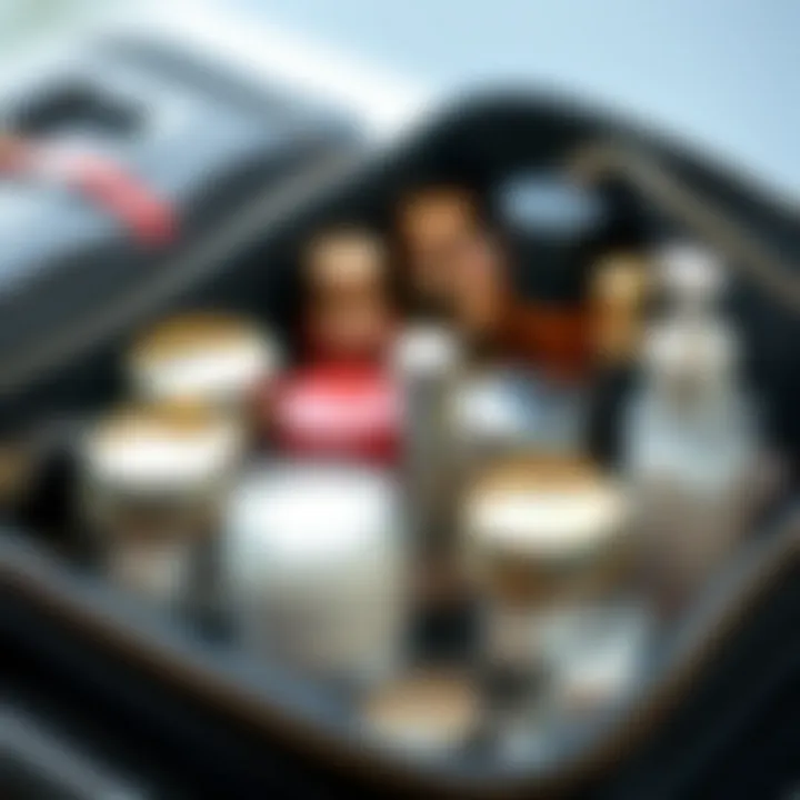 A neatly organized travel bag with travel size jars for cosmetics and toiletries.