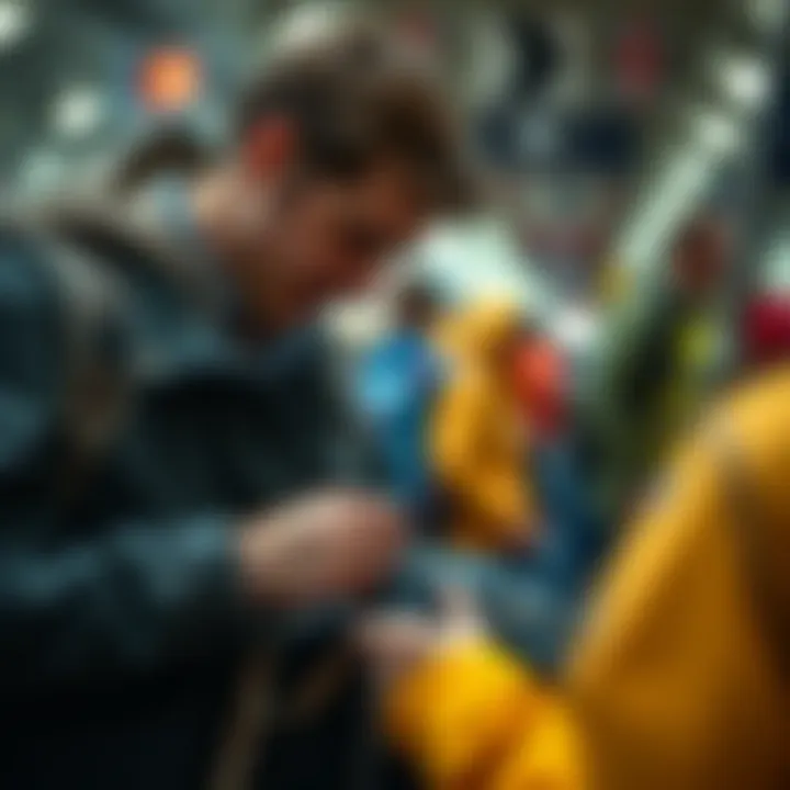 A traveler using a sewing kit to repair a garment on the go