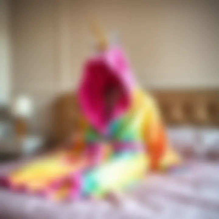 Colorful unicorn bathrobe displayed on a bed