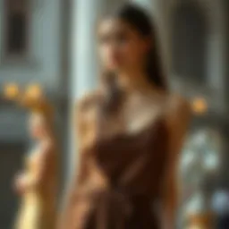 Elegant brown spaghetti strap dress on a model showcasing contemporary fashion trends.