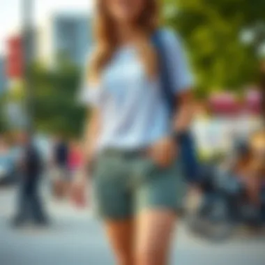 Trendy outfit featuring women's shorts with zipper pockets at a casual outing